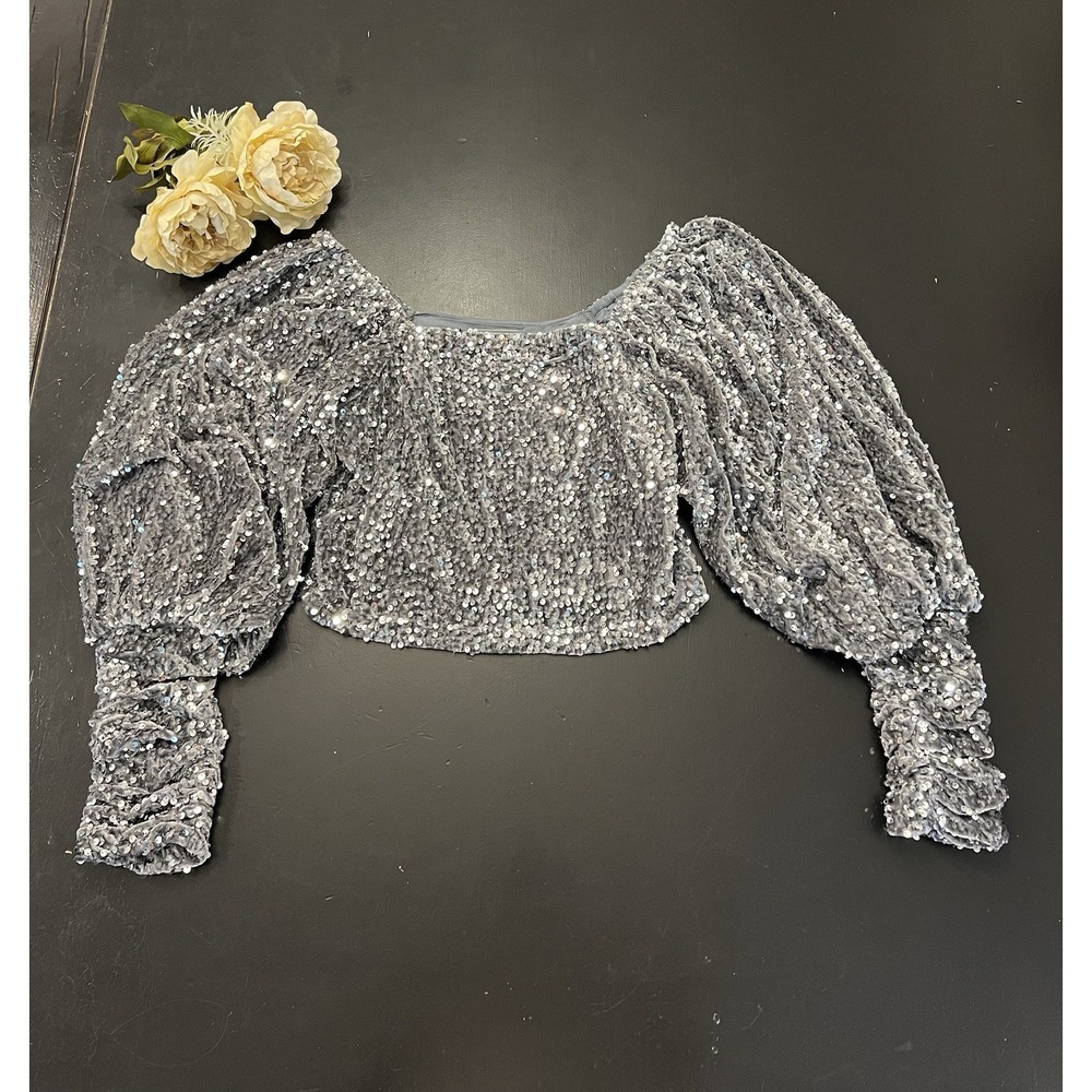 Listicle Boutique NWOT Silver Grey Velvet Sequin Puff Sleeve Crop Blouse Sz S